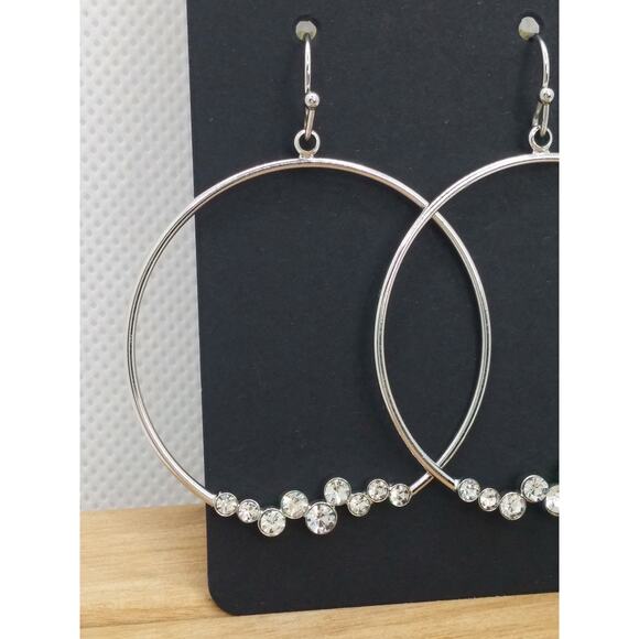 Lia Sophia Large Hoop Earrings Cut Crystal Silver Tone Vintage Dangle Drop Boho - Picture 3 of 11